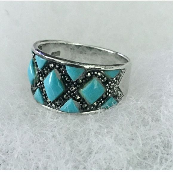 Vintage Sterling Turquoise Marcasite Inlay Ring 7.75 - Picture 10 of 12